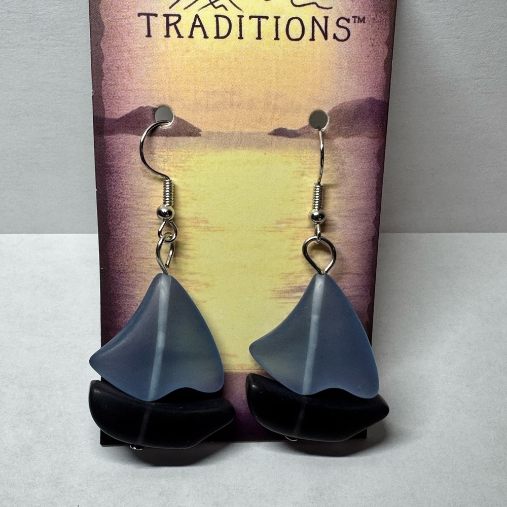 Traditions Blue and Black Resin Sailboat Dangle Earrings New